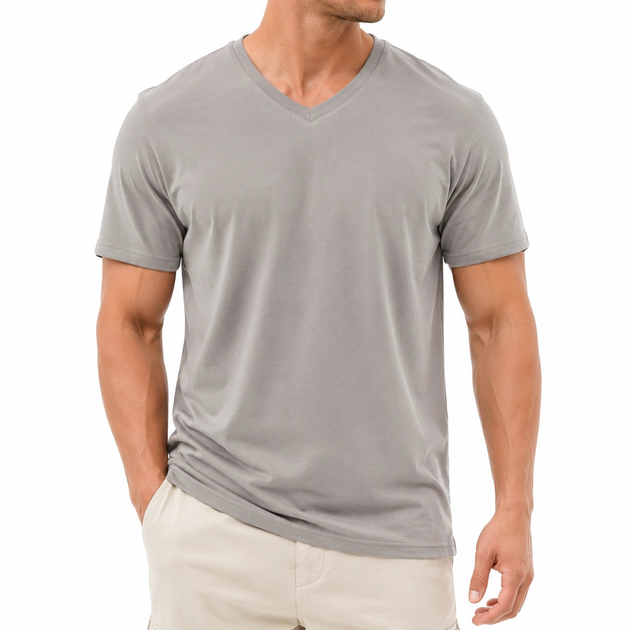 T-shirt da uomo taglia L in tessuto grigio - scollo a V manica corta