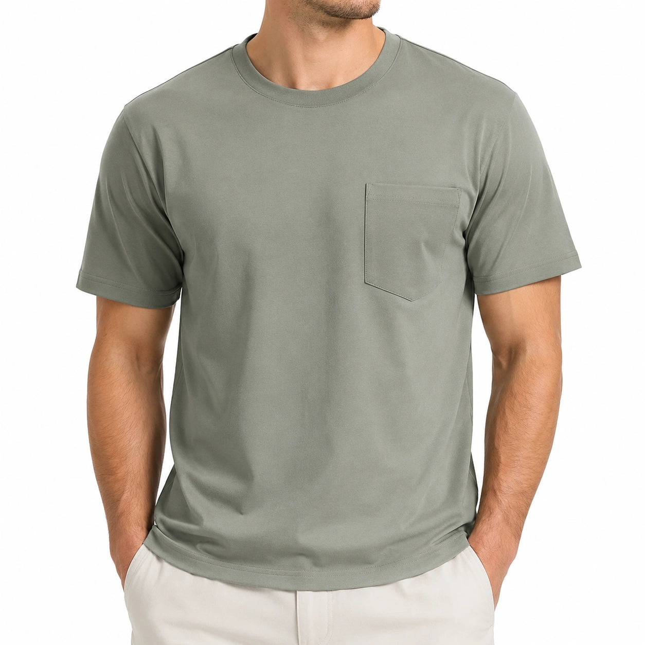 T-shirt uomo taglia L in jersey verde salvia con taschino stile casual