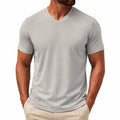 T-shirt da uomo L in tessuto grigio chiaro a maniche corte con scollo a V stile casual
