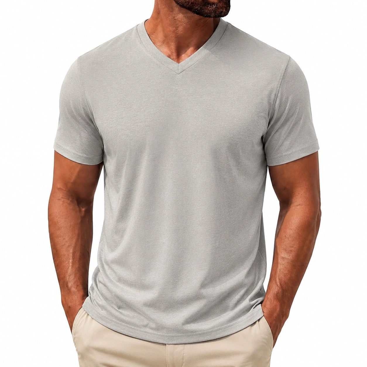 T-shirt da uomo L in tessuto grigio chiaro a maniche corte con scollo a V stile casual