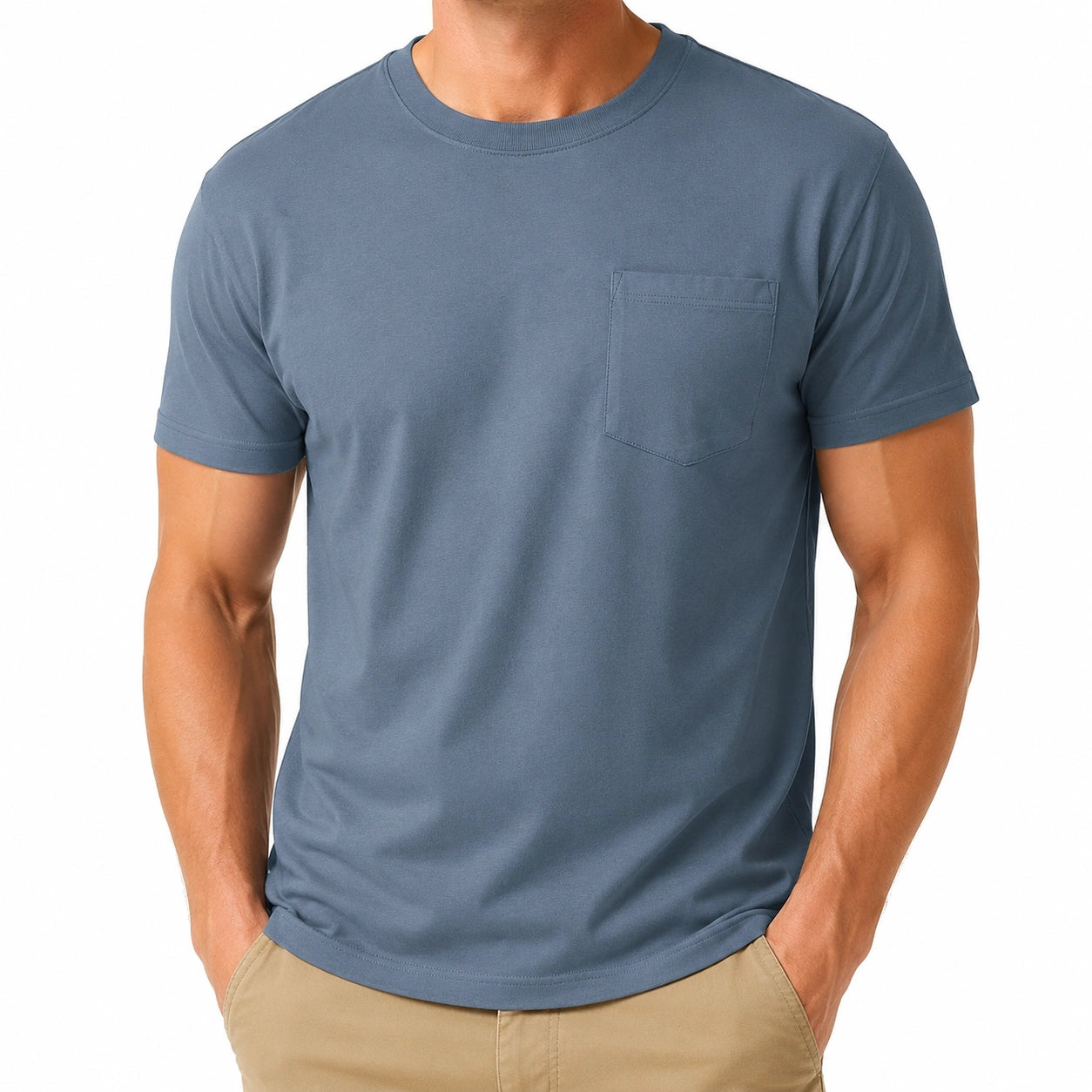 T-shirt uomo M in tessuto blu ardesia a maniche corte con taschino