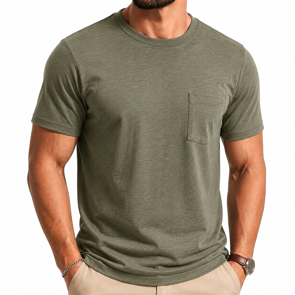 T-shirt da uomo taglia M in jersey verde oliva con taschino girocollo casual