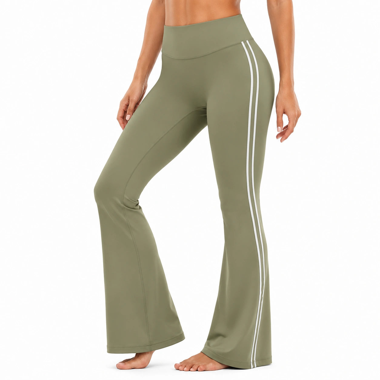 Pantaloni yoga donna M in tessuto elasticizzato verde oliva a vita alta svasati