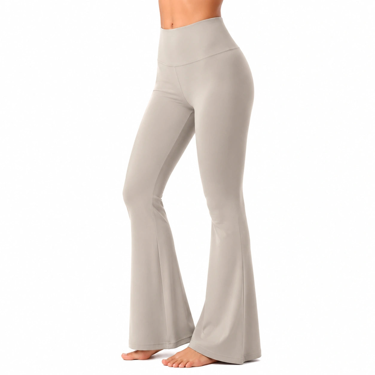 Leggings donna taglia L in tessuto elasticizzato beige a vita alta svasati