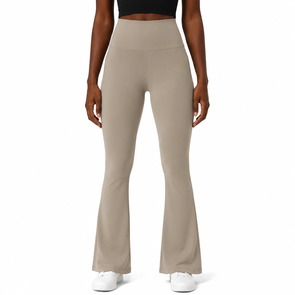 Leggings donna L a vita alta beige in tessuto elasticizzato a zampa