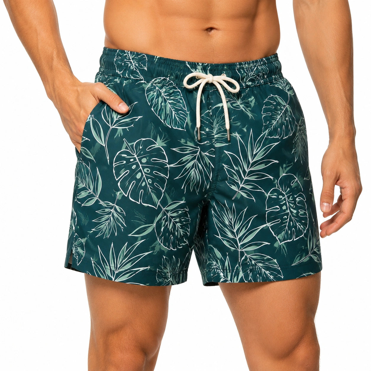 Costume da bagno uomo XL in tessuto sintetico verde petrolio con stampa foglie e tasche