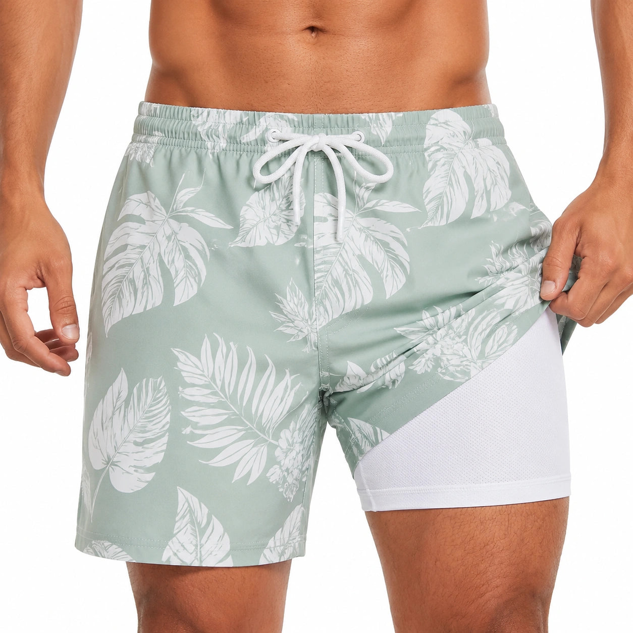 Costume da bagno uomo L verde salvia con stampa foglie e rete interna