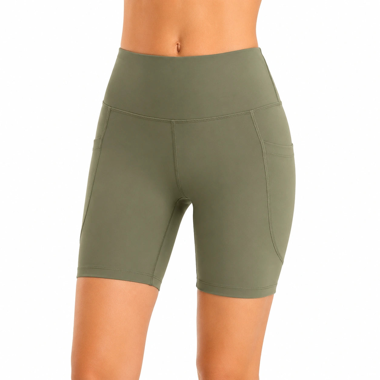 Shorts ciclista donna M in tessuto elasticizzato verde oliva - vita alta con tasche laterali