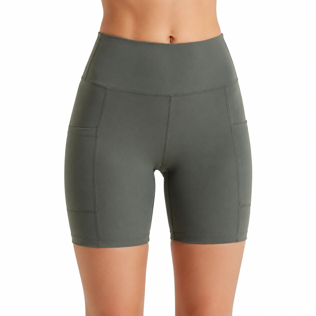 Shorts ciclista donna taglia M elasticizzati verde oliva a vita alta con tasche laterali