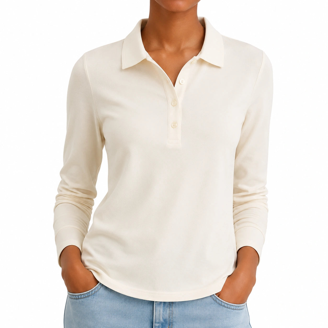 Maglia polo da donna taglia S in tessuto avorio a maniche lunghe - stile casual