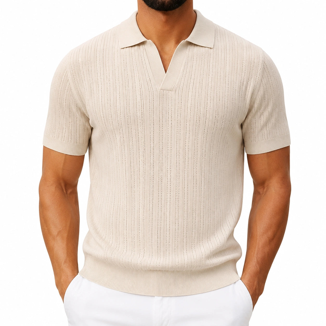 Polo uomo taglia L in maglia beige a maniche corte con colletto stile casual